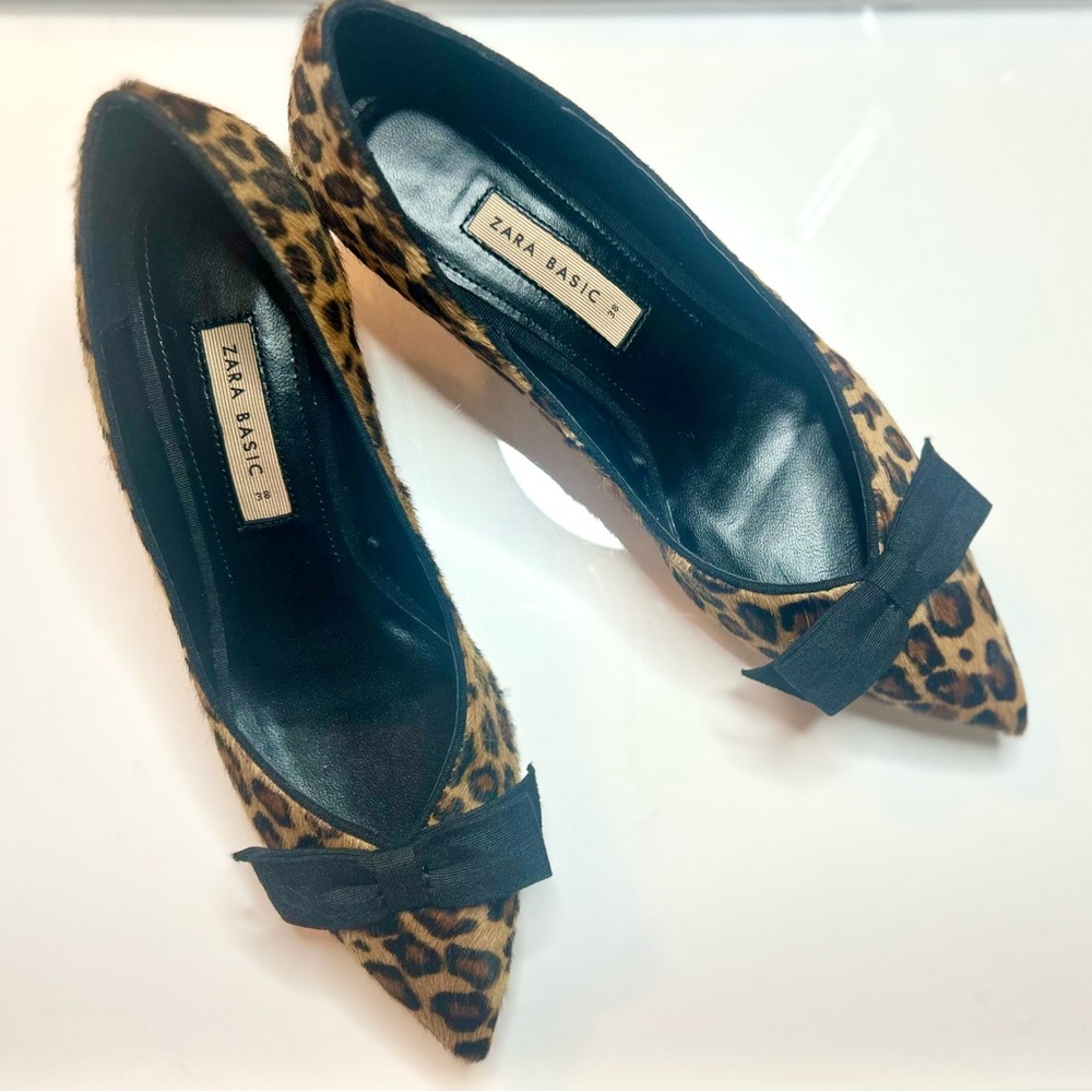 Zara Basic Leopard Print Leather Calf Hair Pony Hair Bow Kitten Heels - EU38